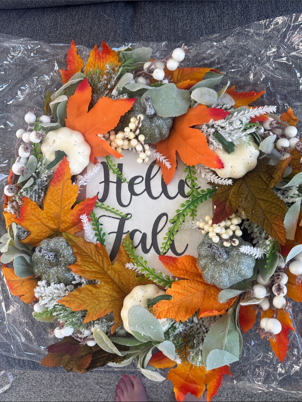 Hello Fall Wreath with Orange and Green Leaves and Cream Pumpkins